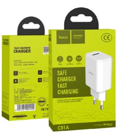 6957531094920 HOCO C61A ALIMENTATORE RETE BIANCO 1x USB 5V 2.1A FAST CHARGING